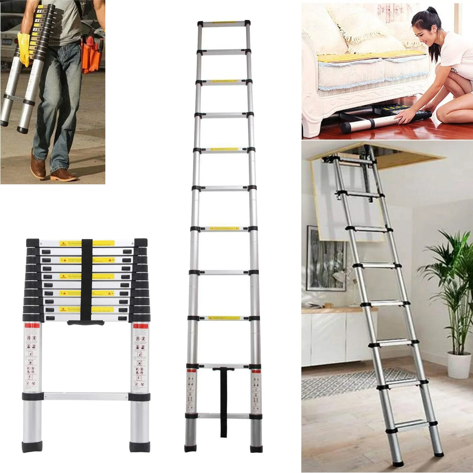 3.2M Aluminum Telescopic Ladder 10.5FT Extention Ladder Multi Purpose Extendable with No Slip Rubber Feet EN131