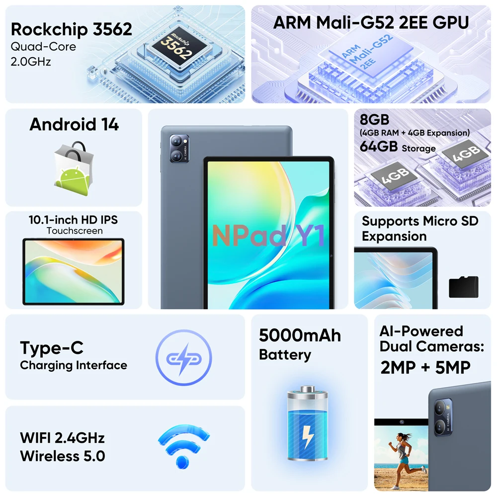 N-one NPad Y1 Android 14 10.1インチタブレット (4+4) 8GB+64GB