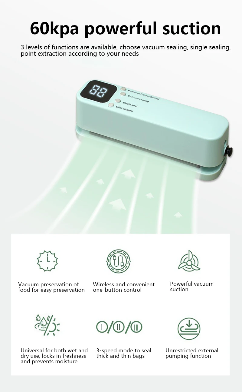 Description Picture 3 of itemMini Wireless Vacuum Sealer Household Vacuum Food Bag Rechargeable Laminator Kitchen Packaging Machine