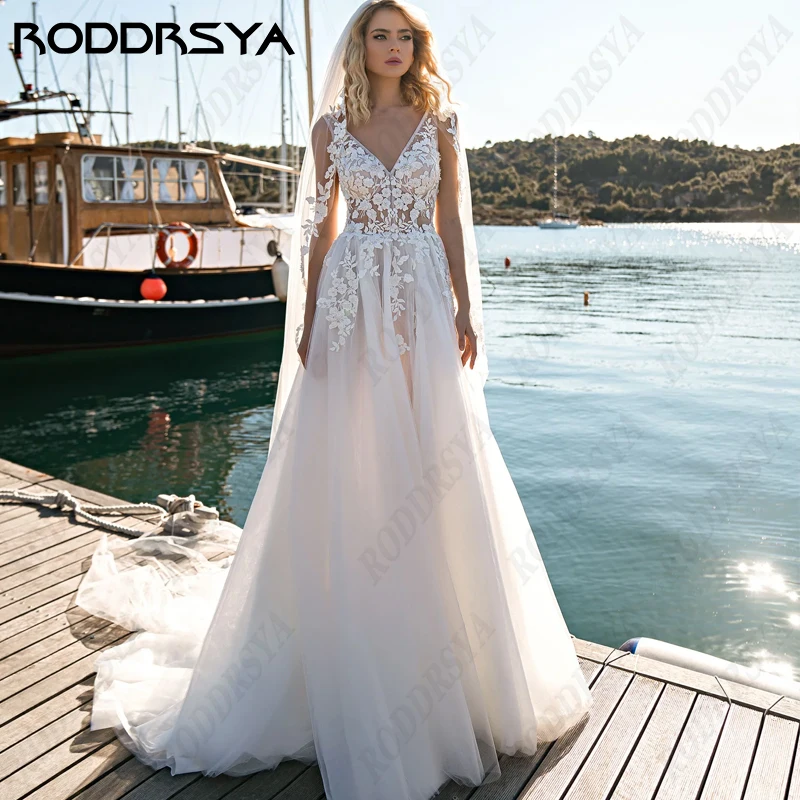 

RODDRSYA Sexy V-Neck Backless Wedding Dress for Bride Romantic Tulle Sleeveless Bridal Gown A-line Boho Vestido Novia Boda Civil