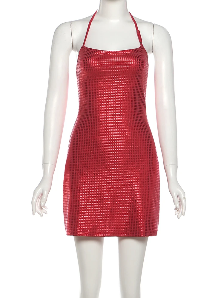 Nibber Fake Diamond Sticker Dress Women Halter Backless Sleeveless Metal Ring Skinny Sexy Midnight Fashion Coquett Mini Bodycon