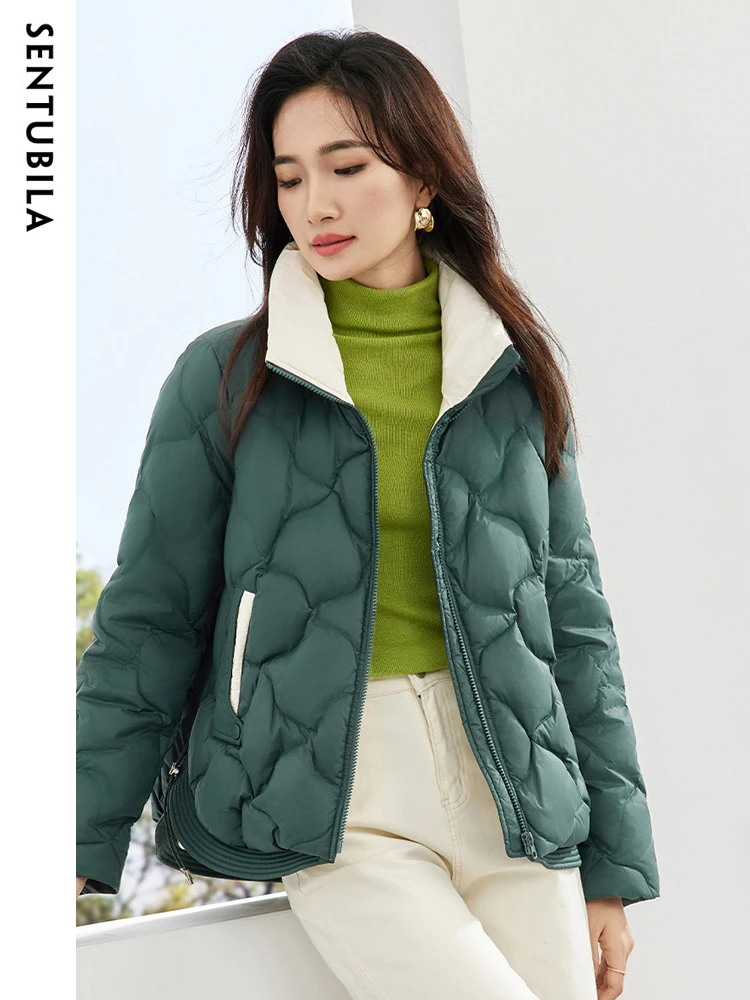 SENTUBILA Women's Loose Warm Down Jacket 2023 Winter Crop White Duck Down Coat Contrast Stand Collar Puffer Jackets W34Y49917