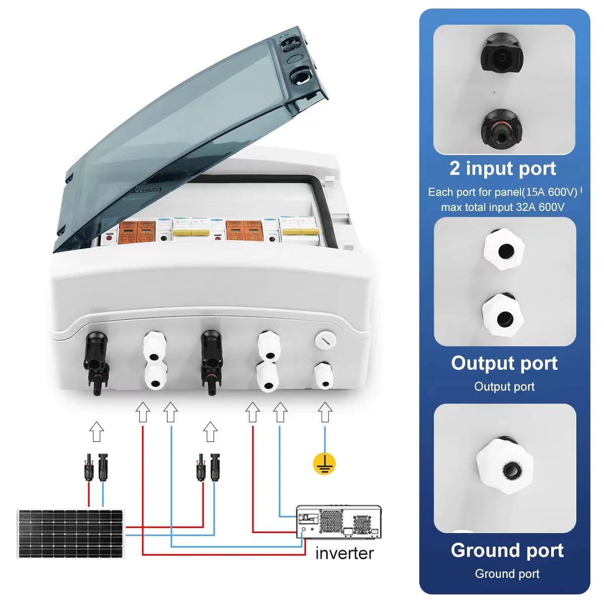 Solar photovoltaic PV Combiner Box With Lightning Protection 2 input 2 out DC 600V Fuse MCB SPD Waterproof Box IP65 12ways