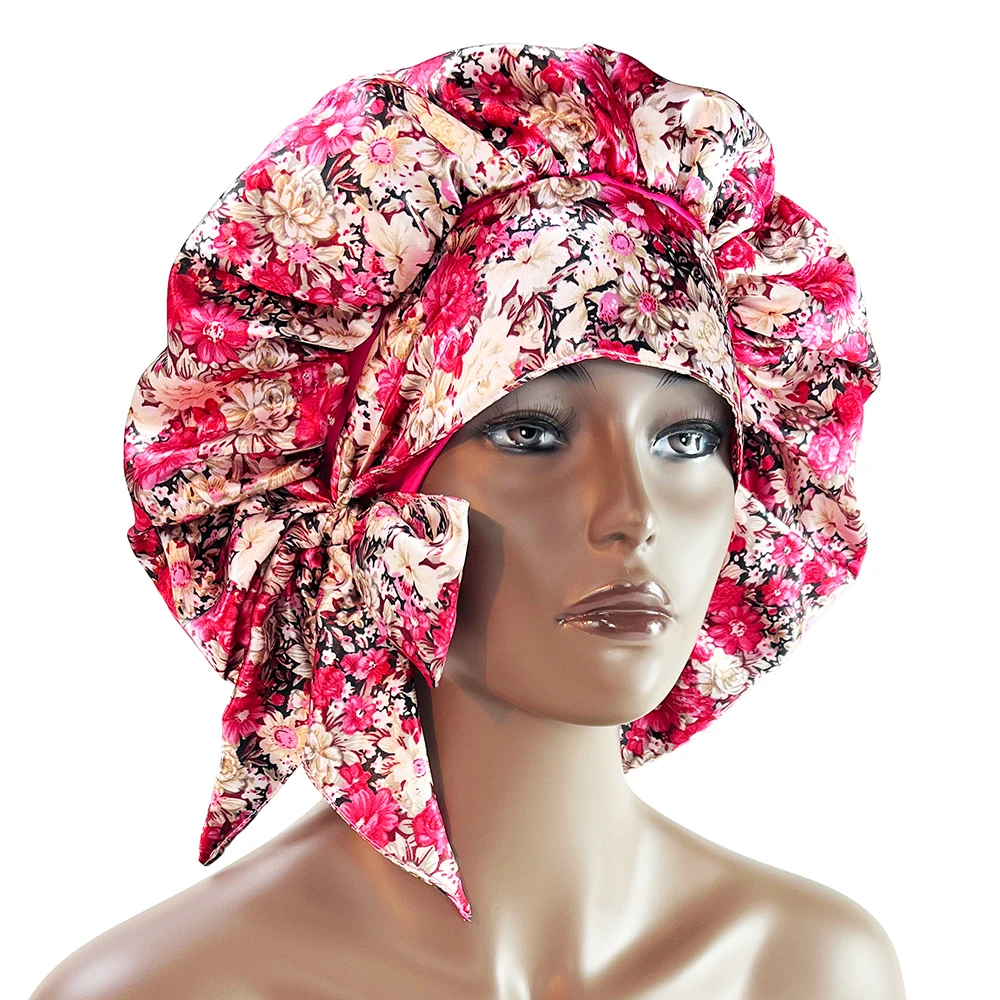Luxury Women Satin Cap Double Layer Silky Big For Lady Printing Satin Sleep Cap+
