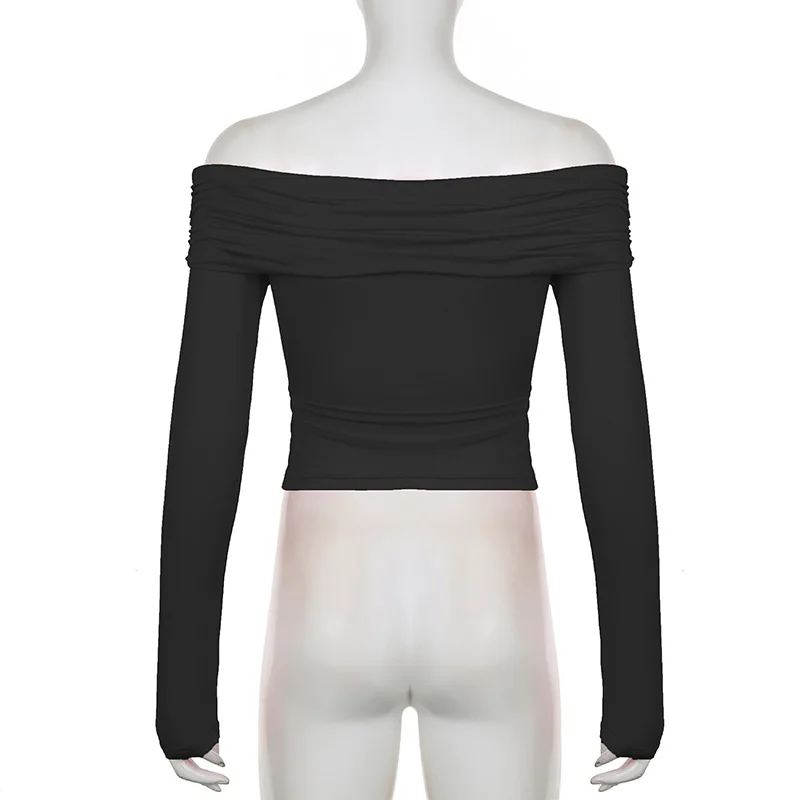 V-Neck Summer Patchwork T-shirt Cropped Top For Women Fashion Mesh Long Sleeve Sexy Off-Shoulder Female Y2k Top Tee 2025