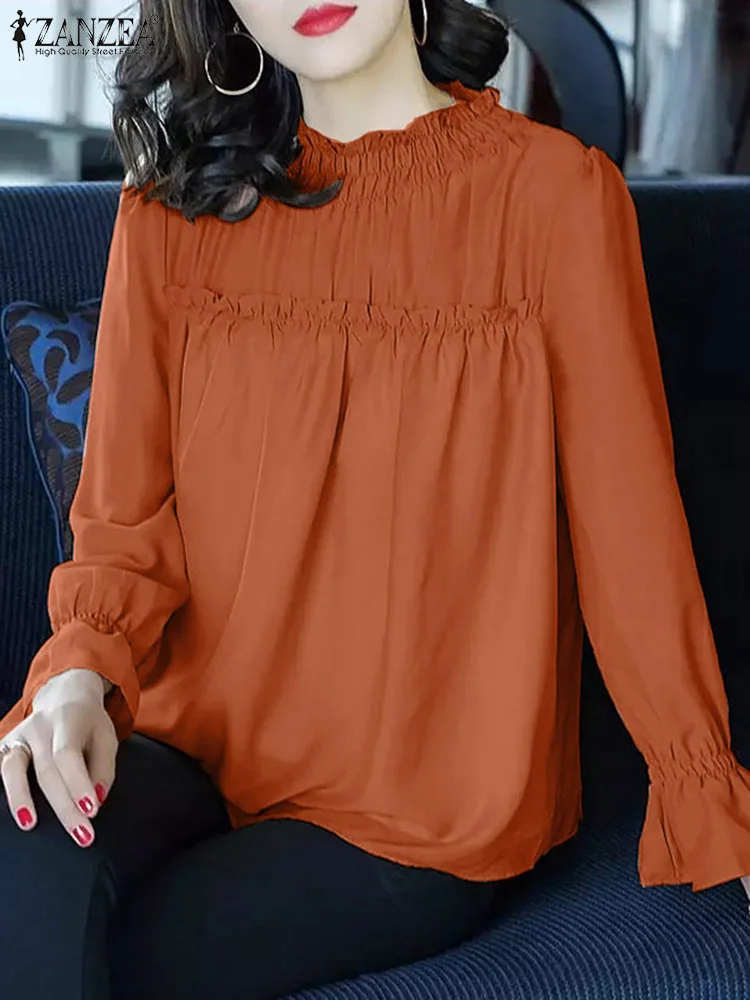 

Винтажная однотонная блузка ZANZEA, женские плиссированные рубашки с длинным рукавом, модные праздничные волнистые топы, повседневные свободные туники