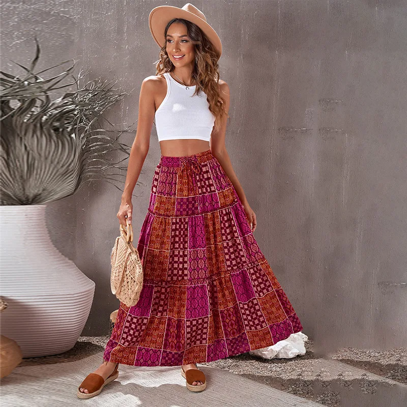 

AYUALIN Elegant Beach Wear Long Skirts Vintage Ethnic Plaid Loose Summer Skirts for Women Casual Ruffles High Waist Skirt 2022