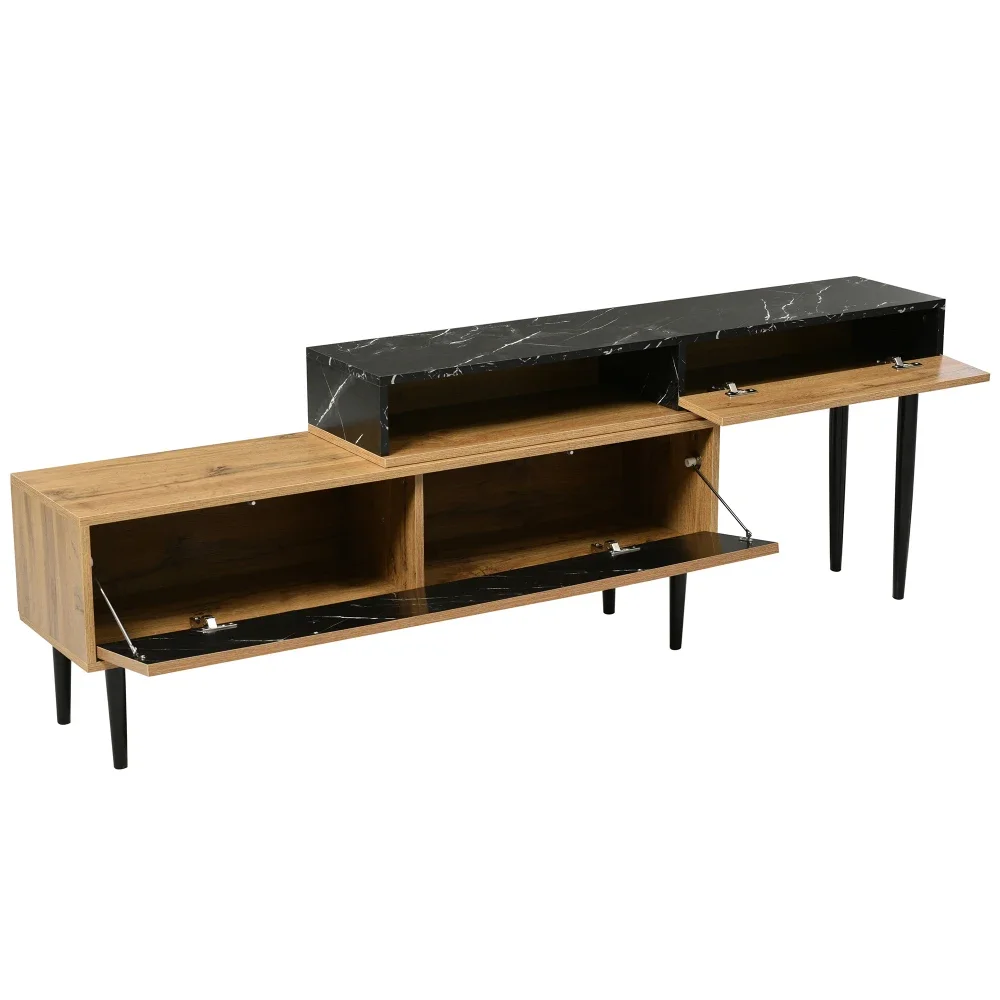 Moderner TV-Ständer aus dunklem Holz mit Marmorplatte – Holzschnitzerei, PVC-Kante und Eisenbeine | Langlebige Konstruktion, ideal für das Wohnzimmer – Detail 19