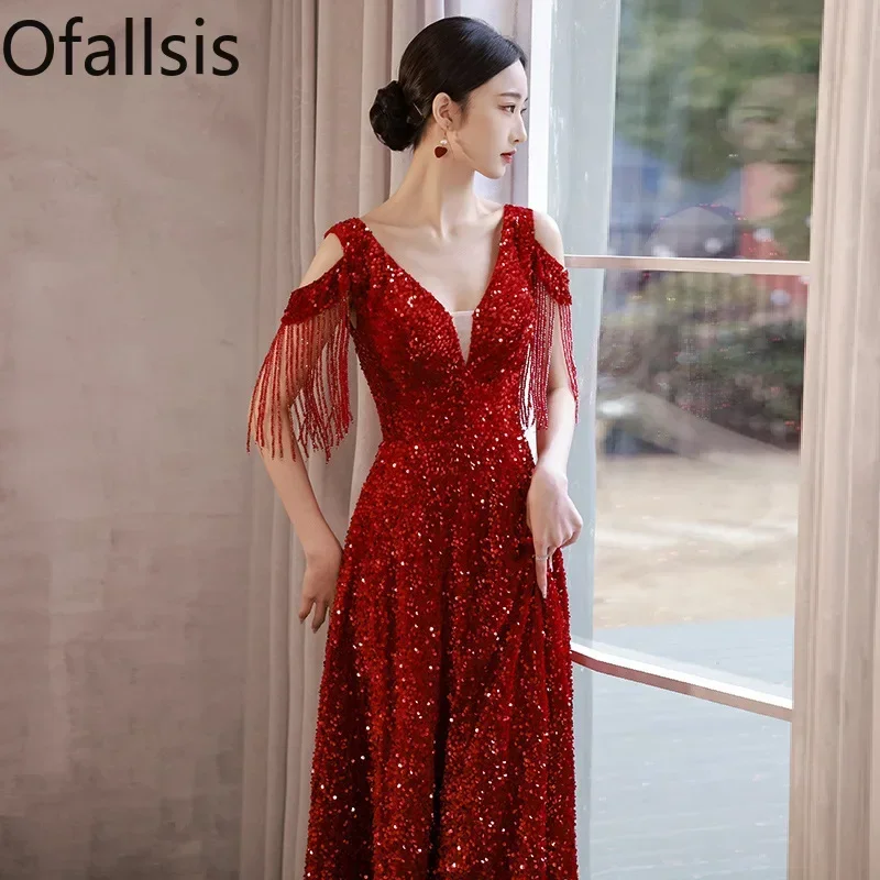 

Ofallsis Wine Red V neck Tassel Bridal Toast Dress 2023 Summer Wedding Engagement Sequins Dignified Evening Dresses Large Size