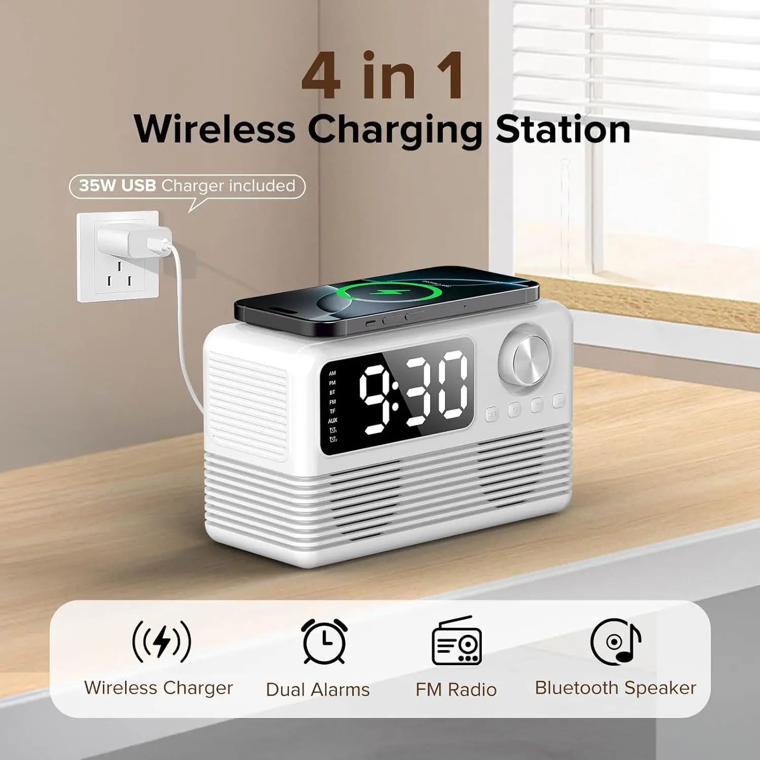 4-in-1 Wireless Charging Station with Fast 15W Charger, Bluetooth Speaker, Alarm Clock, and FM Radio for Bedroom Use 2