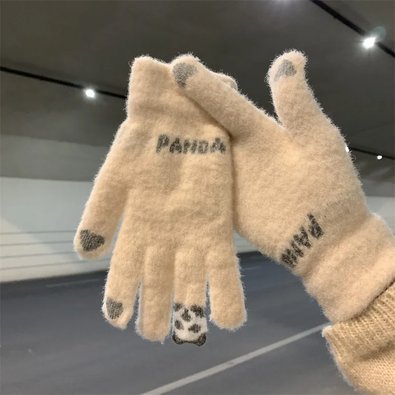 Cute Plush Thick Gloves Women Ins Warm Students Riding Windproof and Cold Proof Touchscreen Winter Men Heat Rays Mittens Women's winter plush cat claw half finger gloves cute coral fleece warm cold proof flip over mittens outdoors riding fingerless gloves