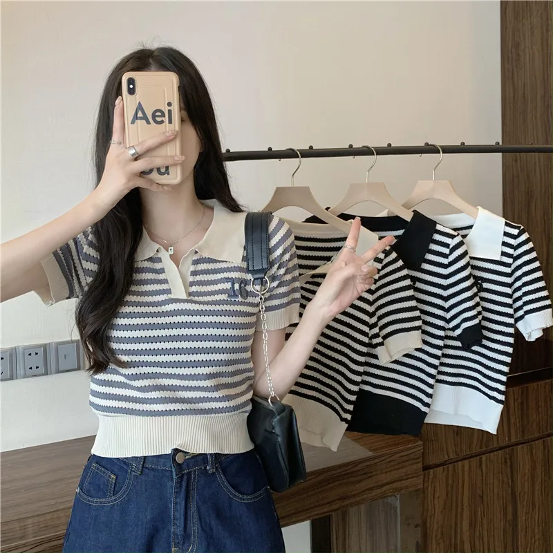 

Футболка женская трикотажная в полоску, облегающий Повседневный Топ с коротким рукавом, на лето