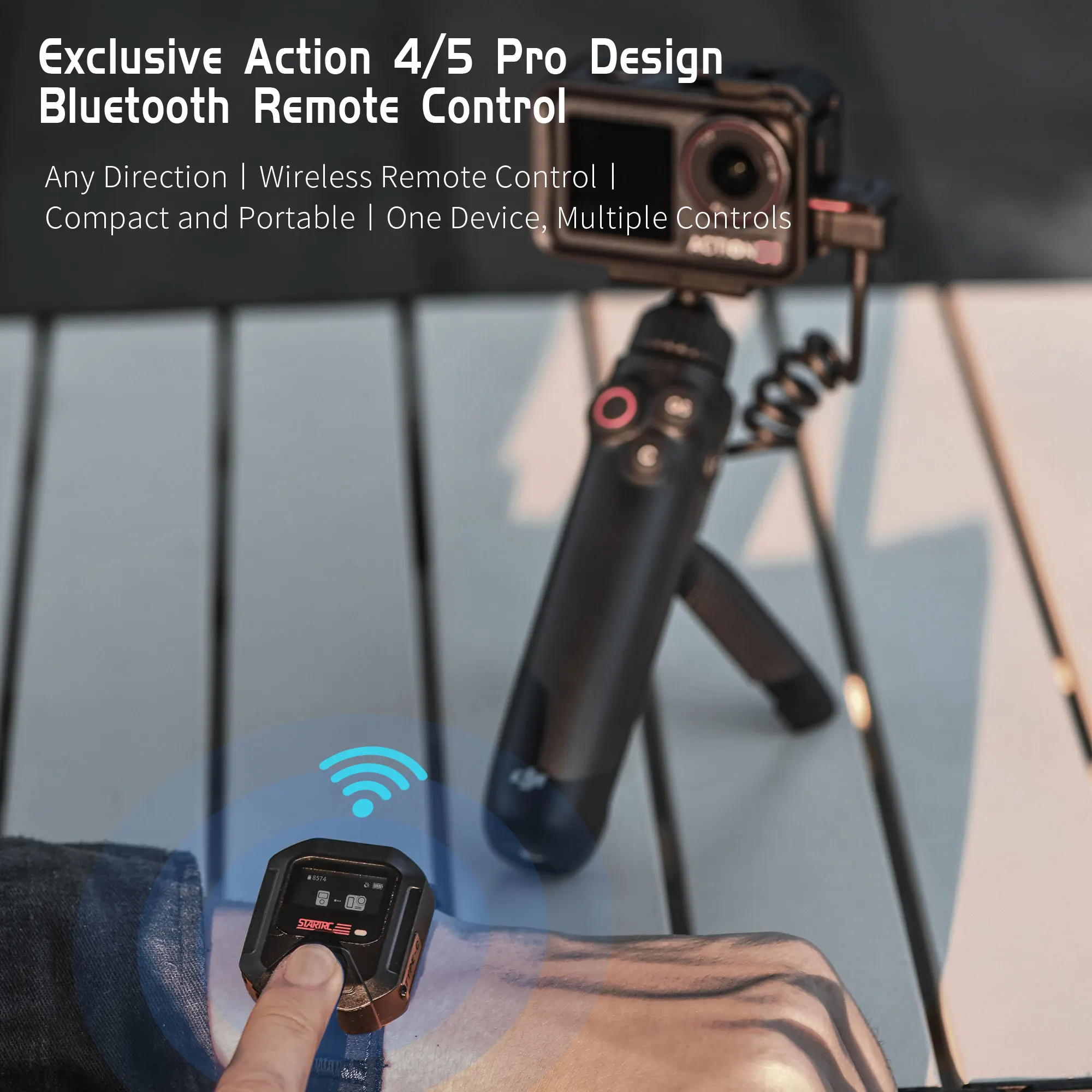 Vue latérale de la télécommande sans fil GPS Bluetooth pour DJI Action 5 Pro et Action 4 - Portée 25m, avec les molettes et la fixation.