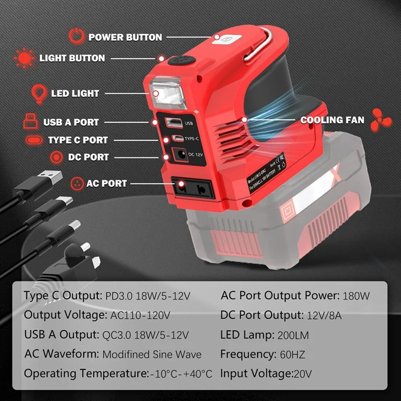 180W 전원 인버터(LED 작업등 포함) 18V 리튬 이온 배터리용 DC 12V 전원 콘센트(USB/Type-C EU PLUG-A09I 포함)