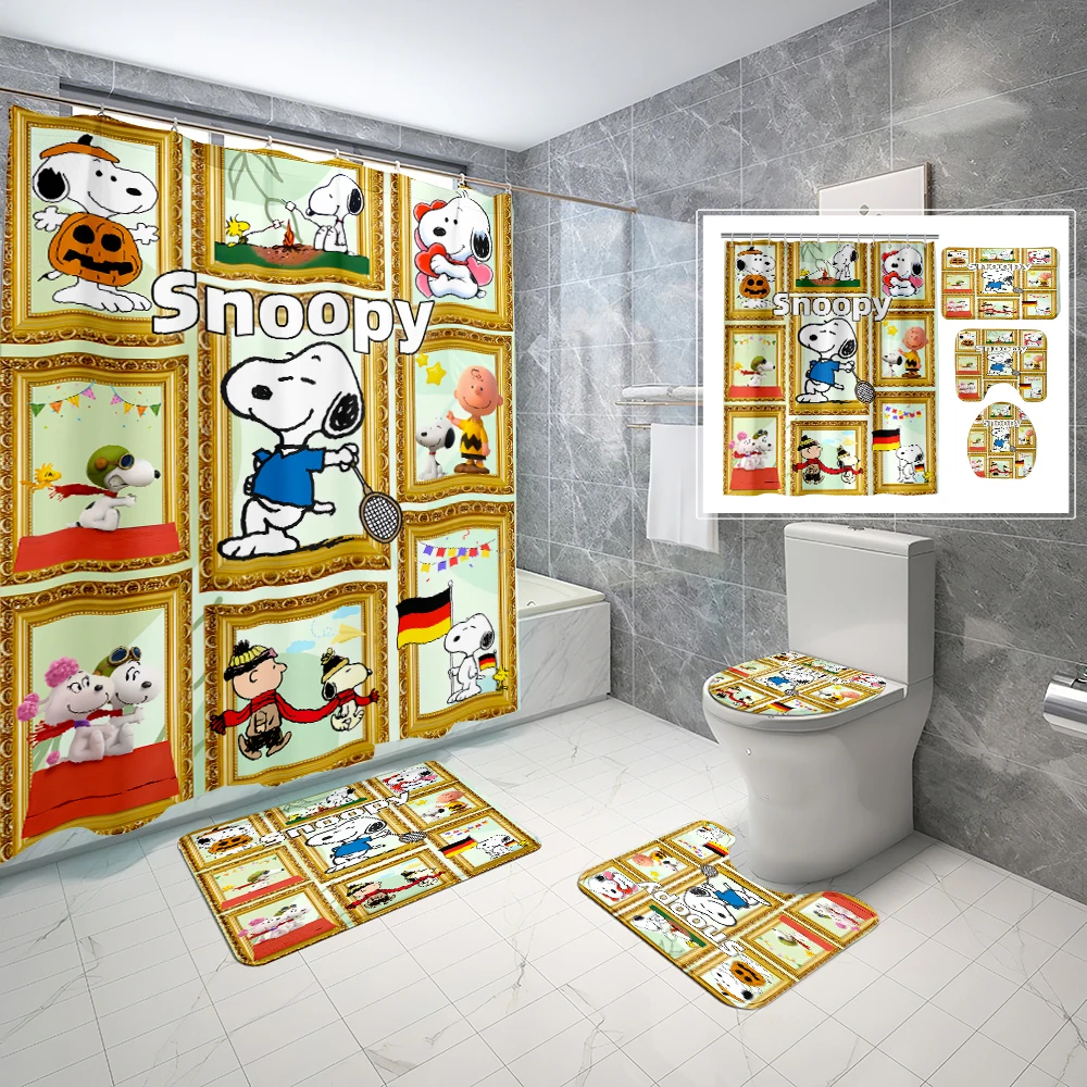 thumbnail image 1 of 1/4 piezas 70*70 pulgadas 1/4 piezas Juego de cortina de ducha impermeable con dibujos animados de Snoopy lindo con alfombras antideslizantes, tapa de inodoro, alfombrilla de baño, 12 ganchos, 1 of 5