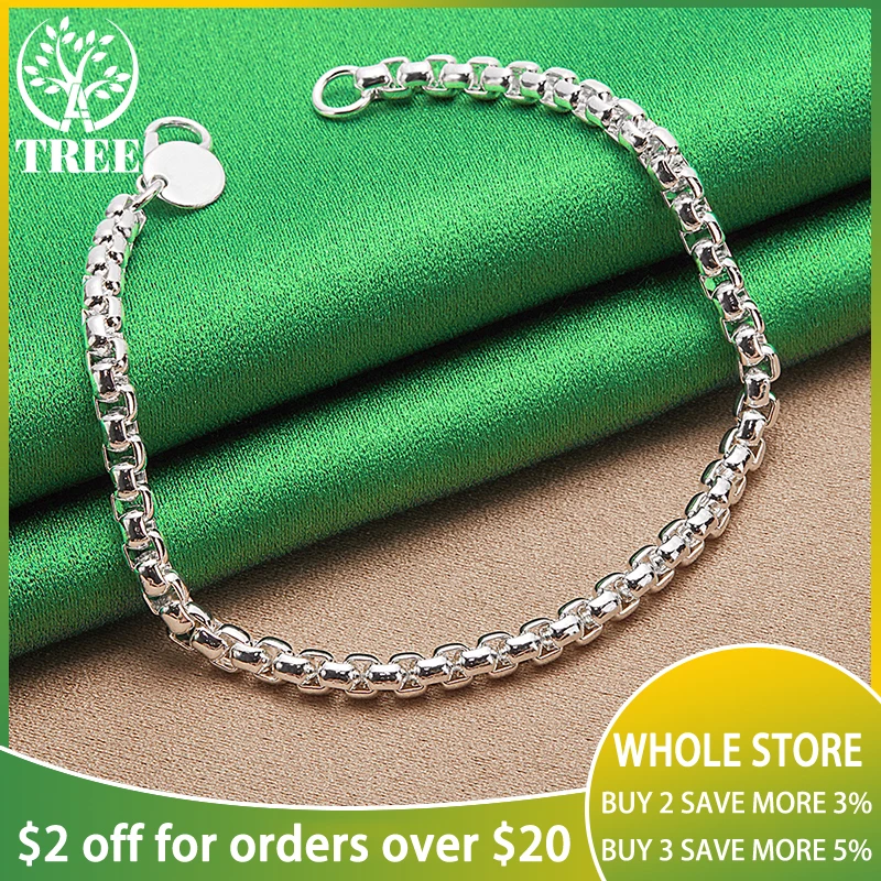 

925 Sterling Silver 20cm Round 4mm Box Chain Man Lovers Bracelets Fashion Jewelry For Woman Wedding Valentine Holiday Party Gift