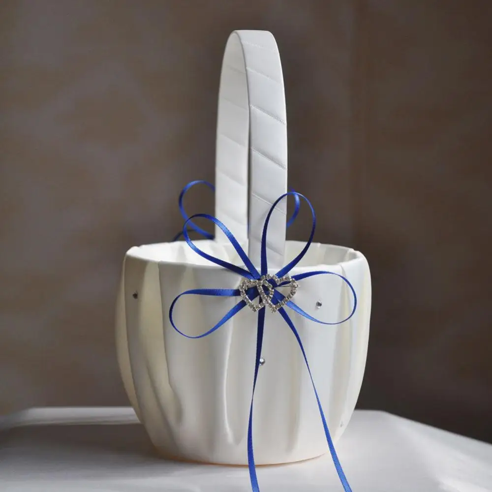 

Satin Ribbons Wedding Flower Basket Double Heart Rhinestone Bowknot Portable Wedding Party Bridal Children Flower Basket Decor
