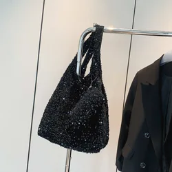 Sequin Shoulder Tote Bag - Trendy Luxury Designer Handbag (Black)