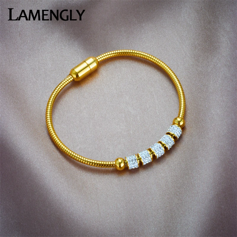 

LAMENGLY 316L Stainless Steel Full Zirconia Bracelet For Women Girl New Trendy Snake Bone Magnetic Suction Chain Jewelry Gifts