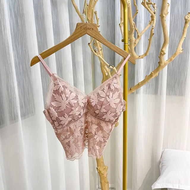2021 Female Summer Crop Tank Top Women Fashion Deep V Lace Bras Embroidery Floral Tank Top Bra Wrapped Chest Camisole Padded Bra pink 7
