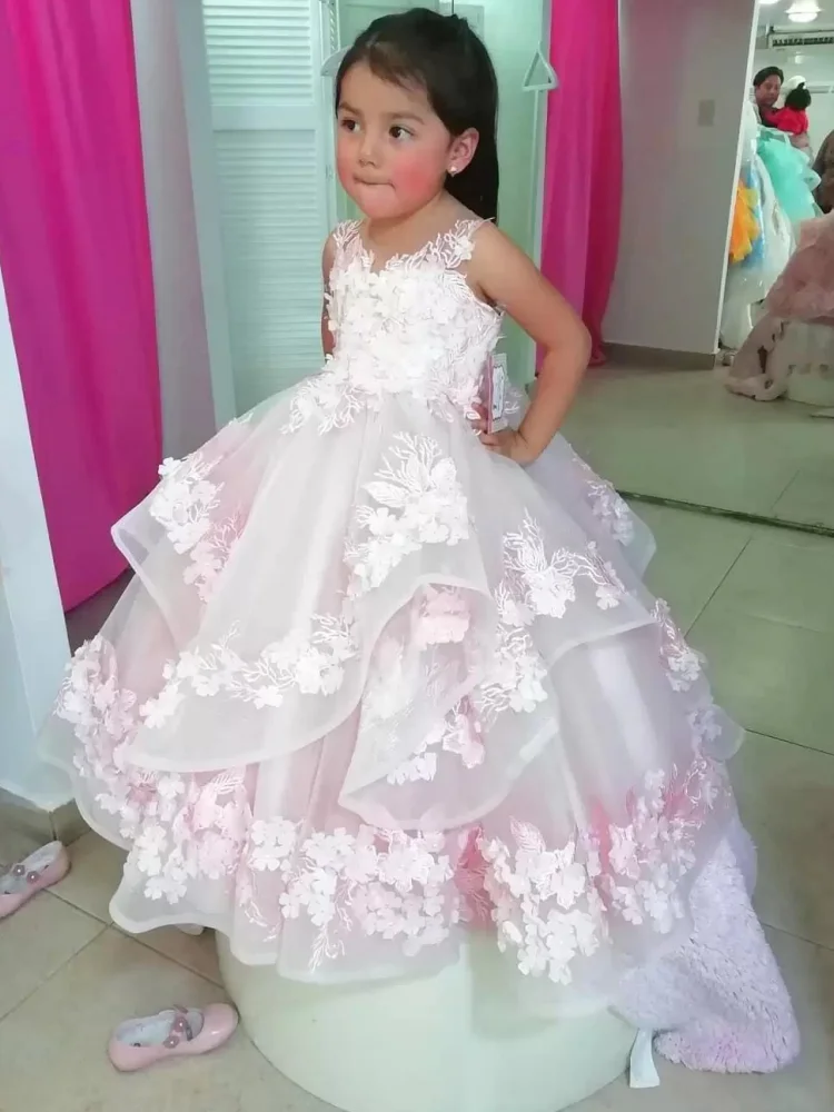 

Flower Girl Dresses Pink Tulle Flory Pattern Appliques Sleeveless For Wedding Birthday Party Banquet Princess Gowns