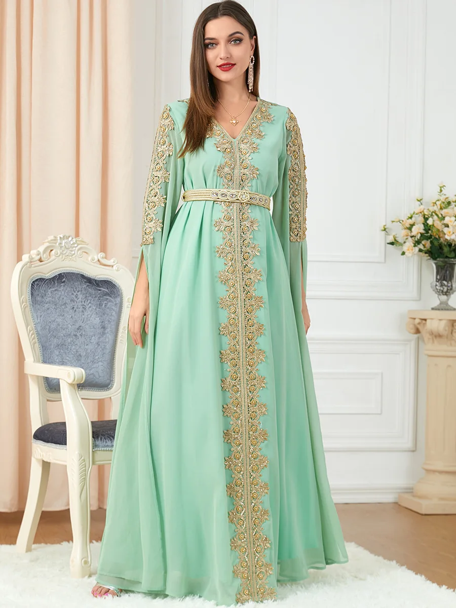 

Chiffon Moroccan Caftan Woman Party Evening Banquet Islamic Kaftan Long Arabic Dress Embroidery Applique Muslim Gown Ramadan Eid