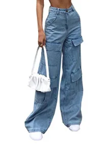 Women Jeans Wide Leg Pants Cargo Denim Ankle Length Mid Waist Washing Zipper Loose Slight Strech High Street Solid Pockets - Image 4