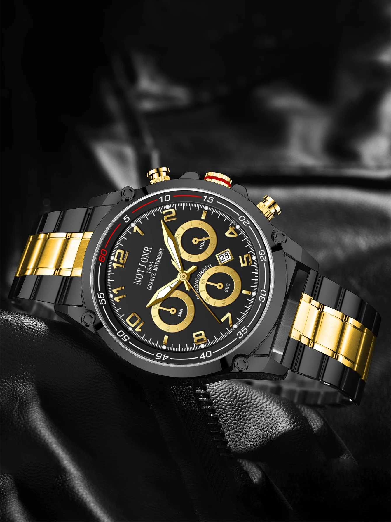 NOTIONR Hot Selling Men's Fashion Watch Black Gold Luxury Men's Business Watch Men's Stainless Steel Quartz Night Light 3