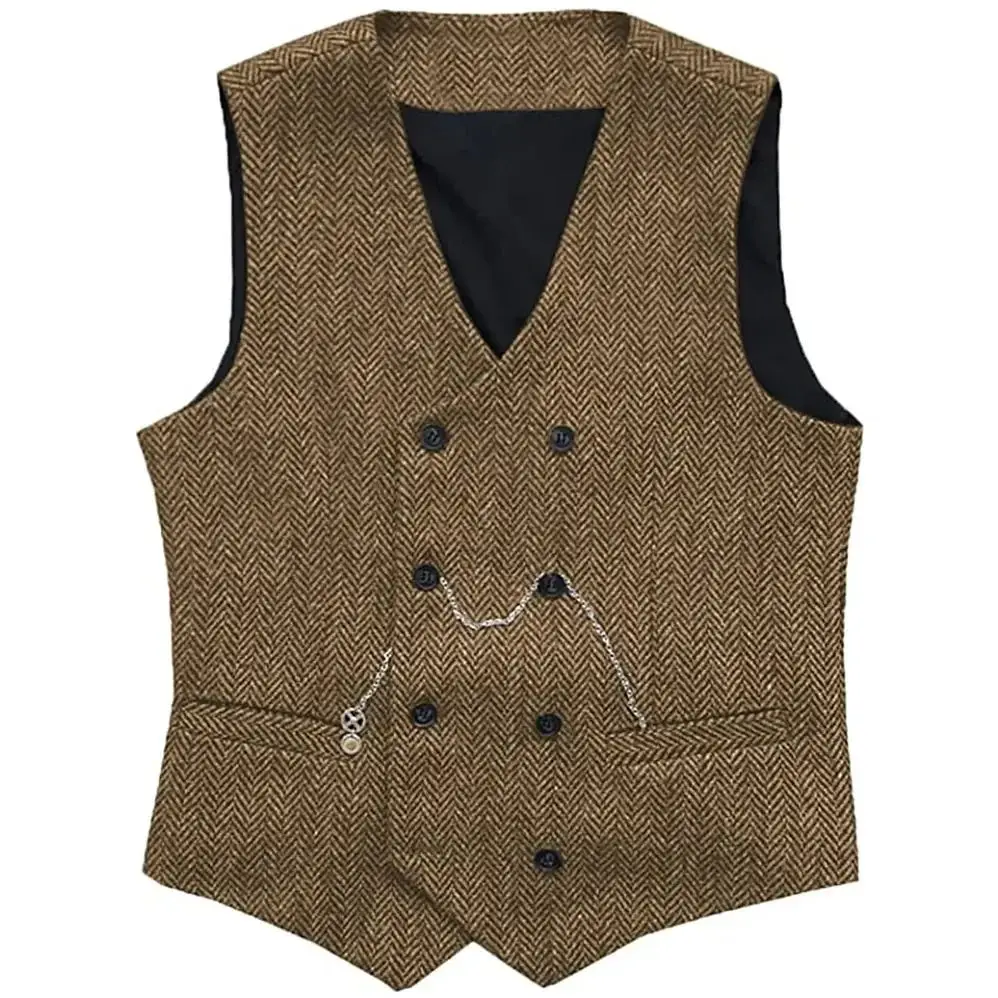V Neck Men's Suit Vests Gray Herringbone Wool Tweed Double Breasted Waistcoat Tuxedo Groomsmen Wedding Groom One Piece Vest mens suit,dress vests