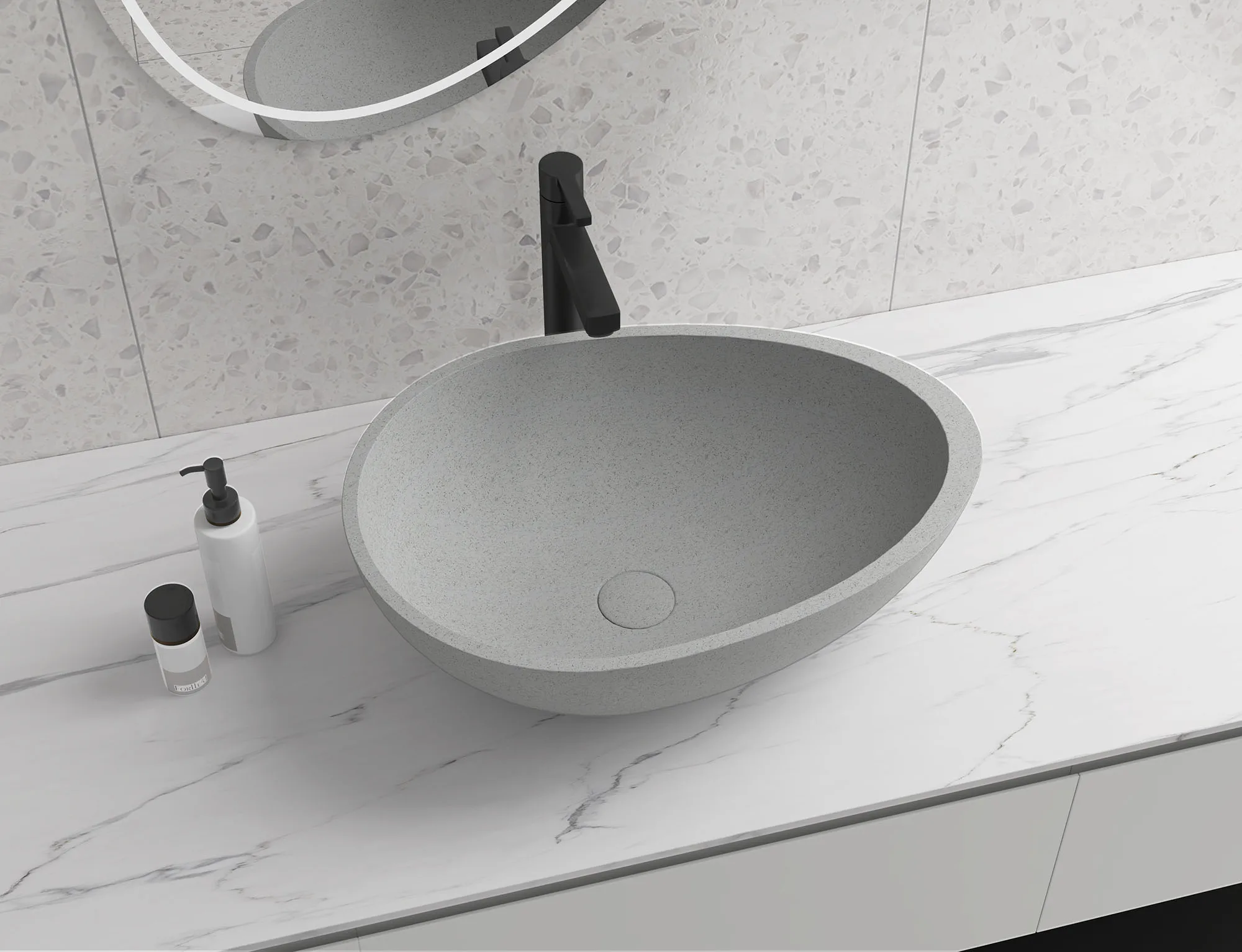 

Bathroom Sink Handmade Concreto Stone Basin Counter Freestanding Bathroom Vessel Sink in Grey without Faucet and Drain