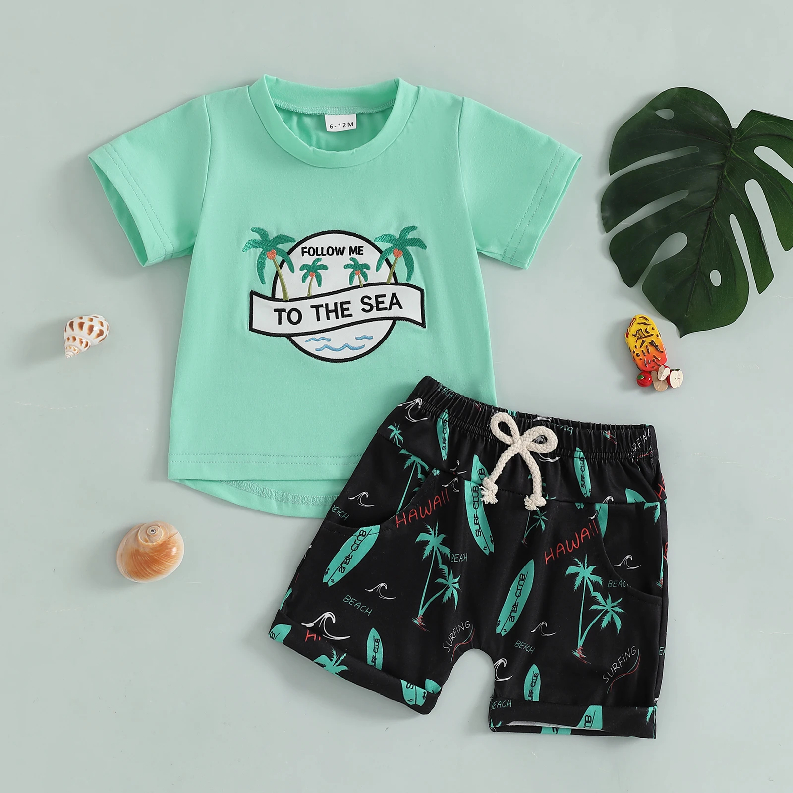 FOCUSNORM 0-4Y Summer Casual Kids Boys Clothes Set Short Sleeve Letter Embroidery T-shirt with Tree Print Shorts