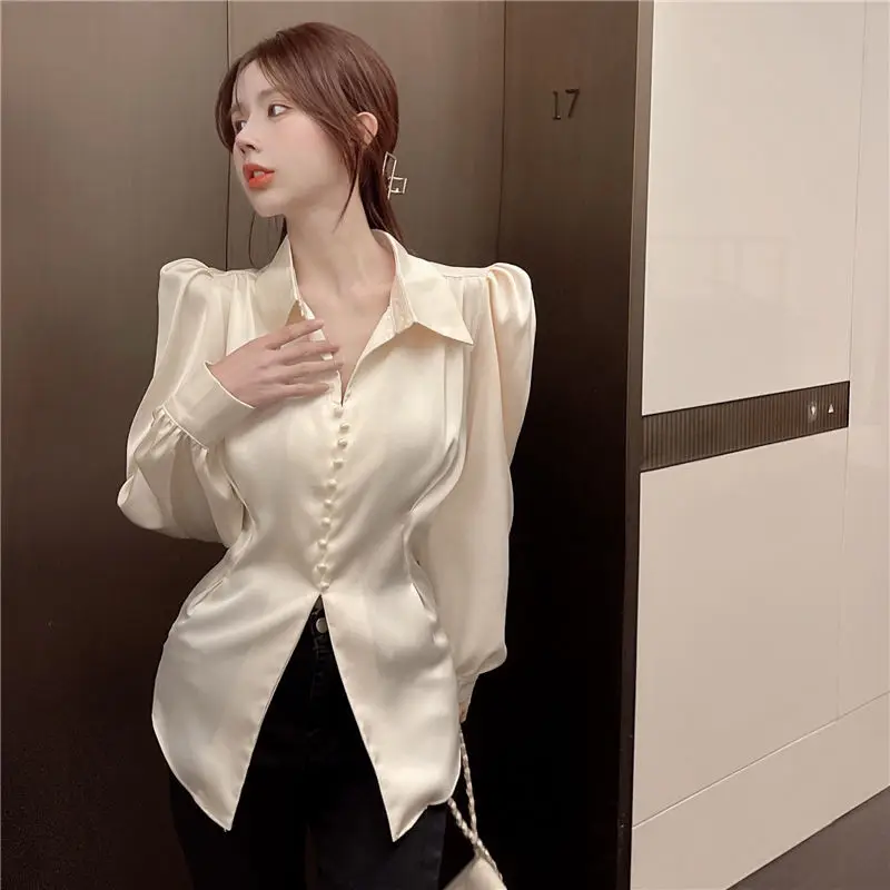 Women Back Bow Elegant Puff Sleeve Shirt Fashion Slim Office Lady Casual Blouse Korean Hollow Out Turn Down Collar Tops