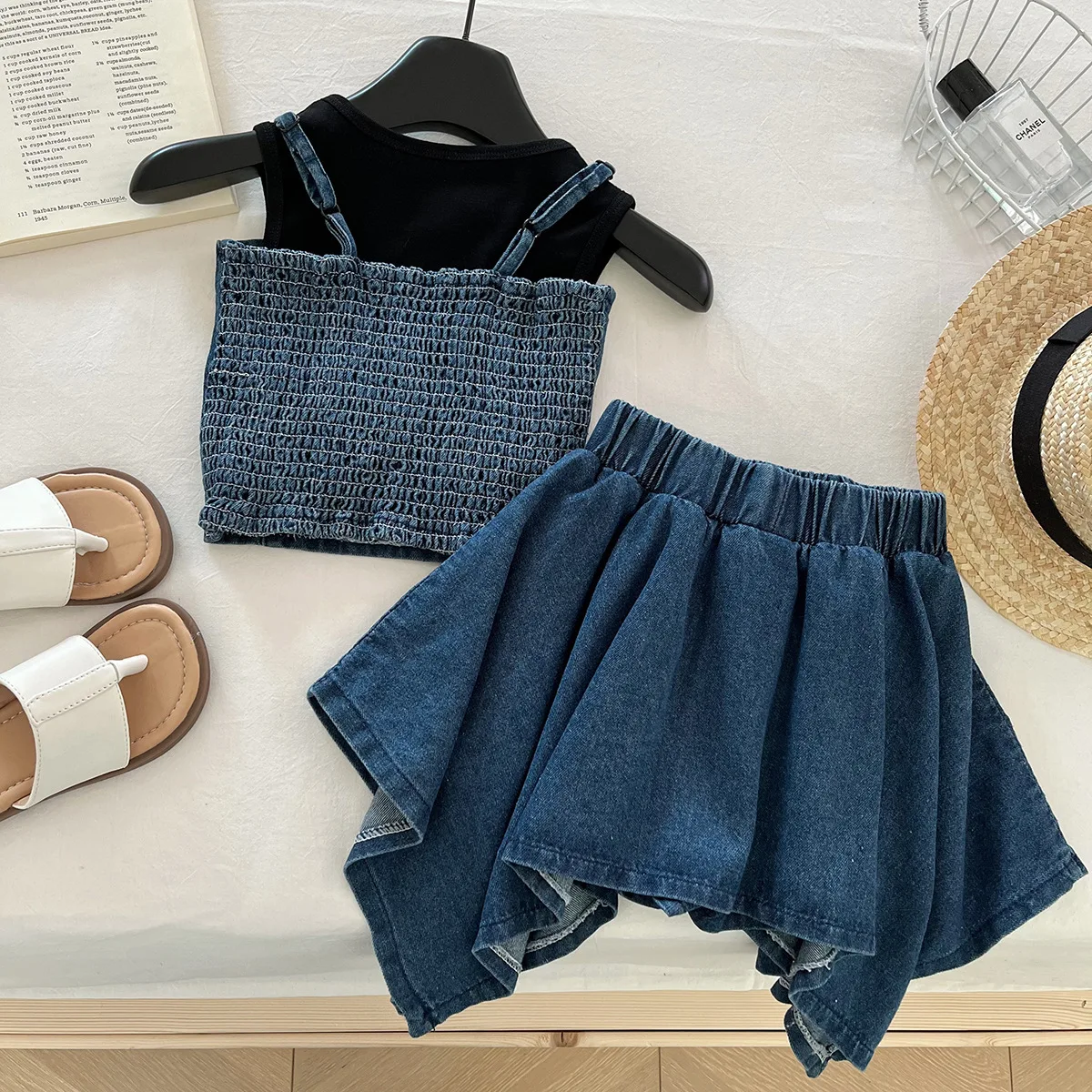 Girls' Clothing Set 2025 Summer New Sleeveless Denim Vest Top, Children's Denim Short Skirt Summer Three Piece Set - 6