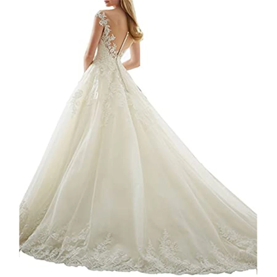 Elegante Brautkleider mit Herzausschnitt, Applikationen, Spaghettiträgern, Tüll und Spitze für Damen 2026, mit Schleppe, Brautballkleider – Detail 4