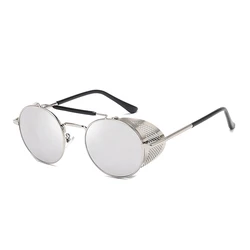 Vintage Retro Steampunk Round Metal Sunglasses (Silver Silver)