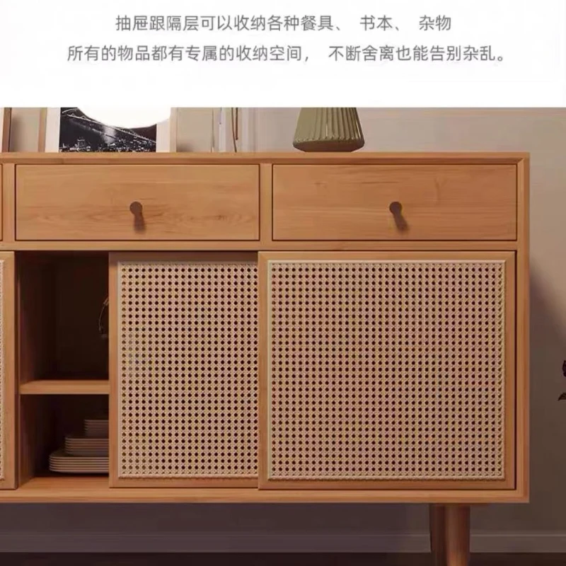Japanese Solid Wood Sideboards PE Rattan Modern Simple Raise Kitchen Cabinets et Drawers Dining Room Furniture Comedor FYSB