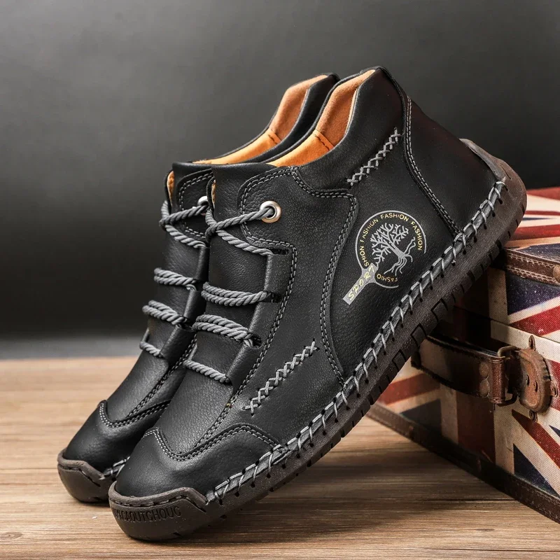 Winter Men's Boots Warm Fur Genuine Leather Men's Snow Boots Plush Waterproof Handmade Autumn Outdoor Motorcycle outdoor boots men leather boots