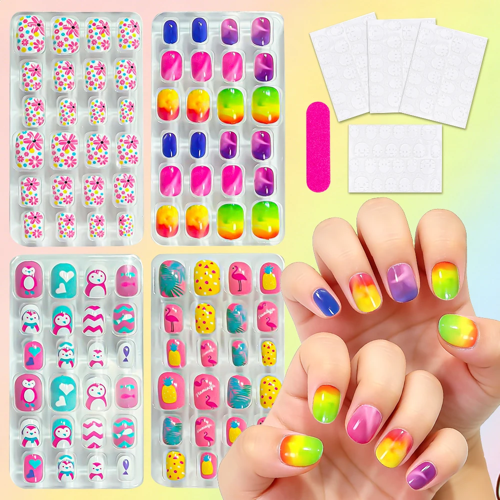 192개 레인보우 포니 귀여운 소녀들을 위한 프레스온 네일, 화려한 데이지 플라밍고 유니콘 가짜 손톱, 10-16세 어린이용 DIY 인조 손톱