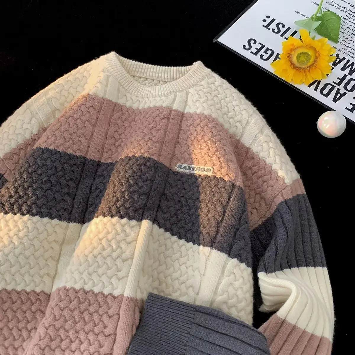 

Korean style striped round neck embroidered sweater for men 2023 autumn and winter lazy style high-end pullover sweater jackets
