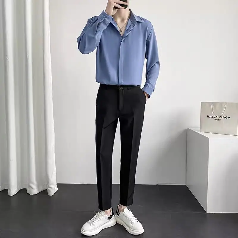 Spring Anti-Wrinkle Luxury Men Shirt Thin Solid Color Casual Loose Long Sleeve Smart Business Shirt Japanese Fashion Chic Blouse