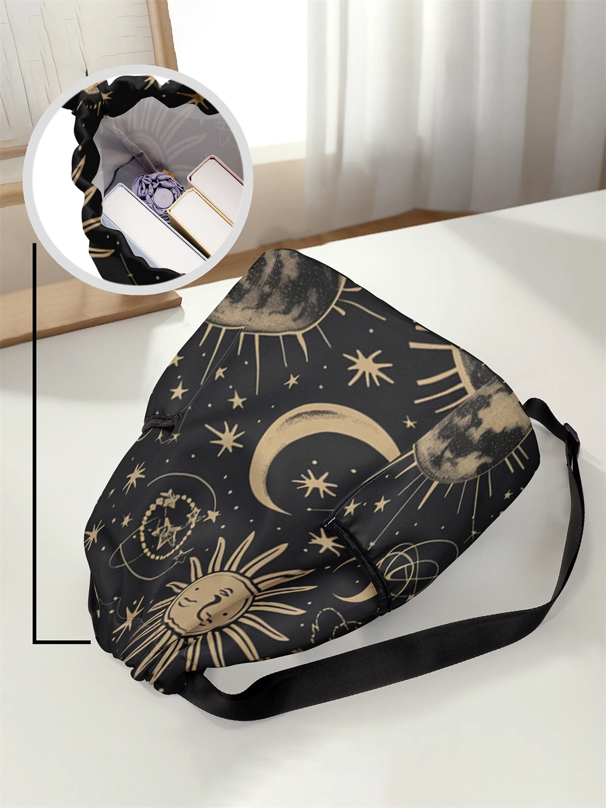 Moon and Star Pattern Drawstring Backpack - Large Capacity Durable Fitness Bag, Adjustable Shoulder Strap, Sports Beach Backpack
