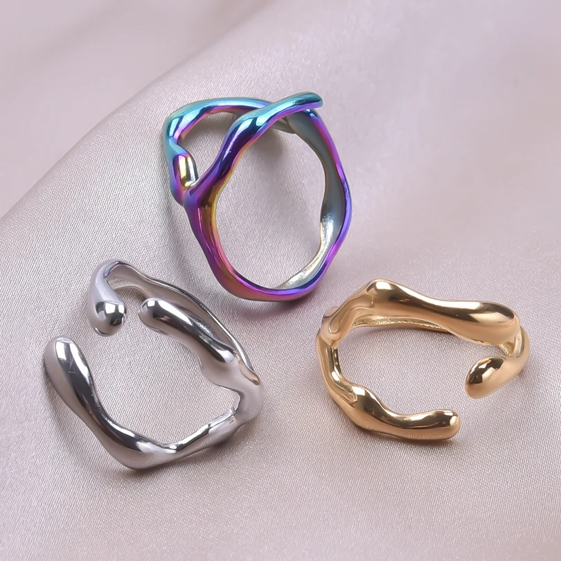 1Pc 스테인레스 스틸 펑크 중공 Chunky 불규칙한 액체 용암 여성 오픈 반지 빈티지 질감 성격 Anillos Mujer 쥬얼리