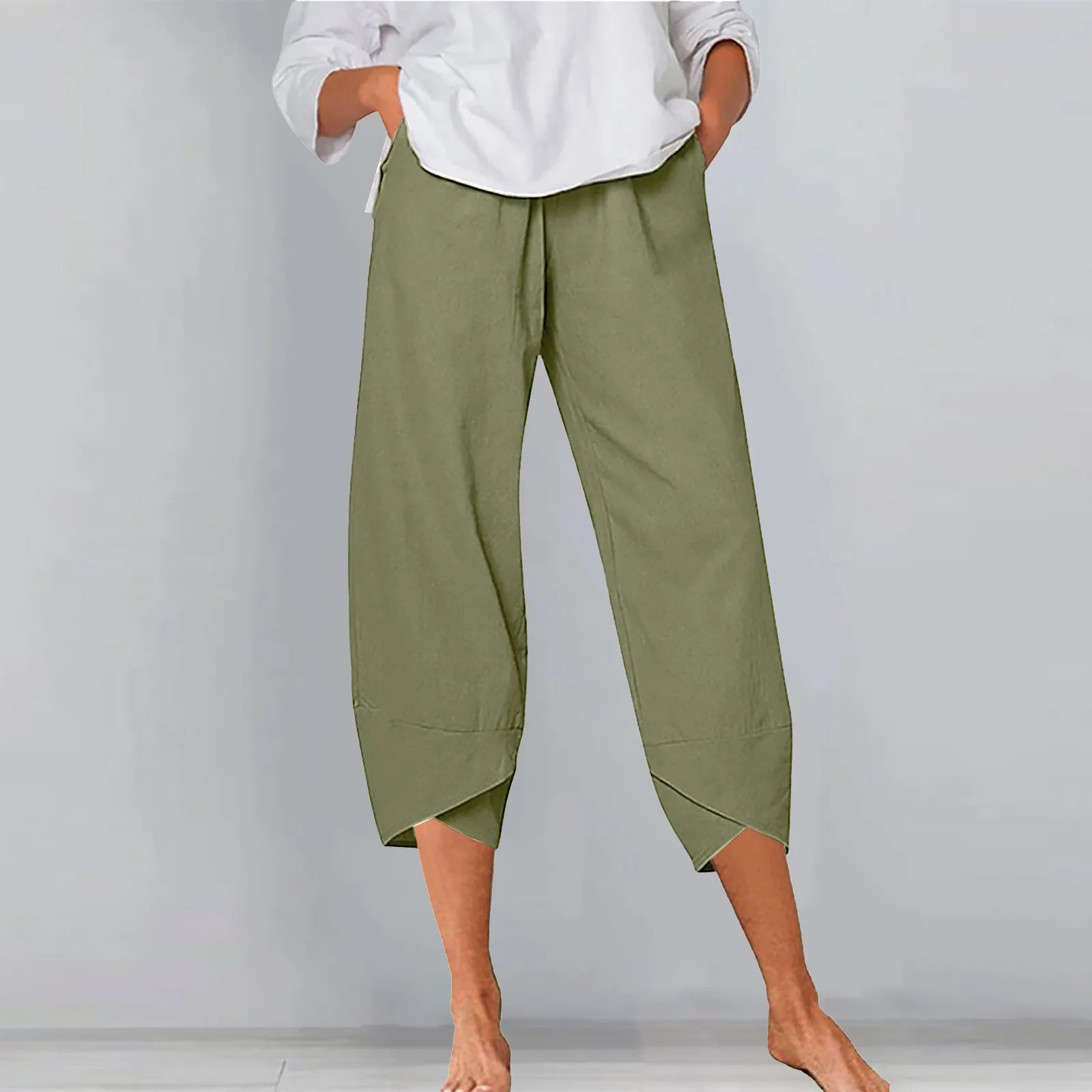

Cropped Pants Harem Pants Womens 2023 Summer Vintage Plus Size Linen Solid Wide Leg Pants Beach Pant Elastic Waist Casual Pants