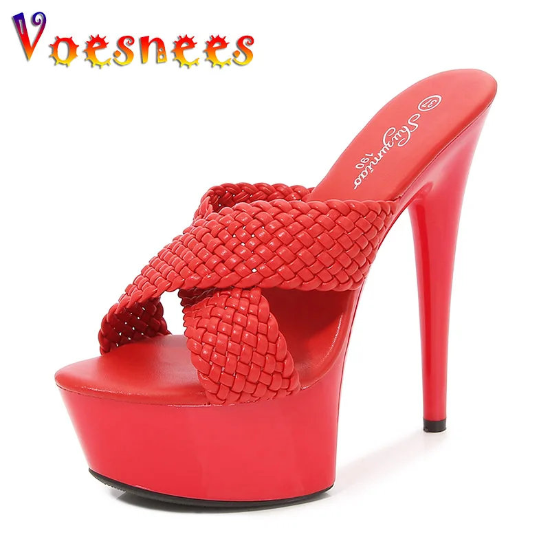 Women Slippers 15CM Summer Thin High Heels Pumps Black Fashion Weave Sandals Plus Size Europe And America Ladies Shoes