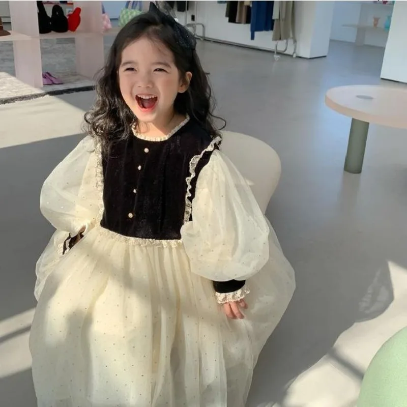 

Girls' Hepburn style princess dress children's westernized autumn dress winter new palace style long dress dress dress