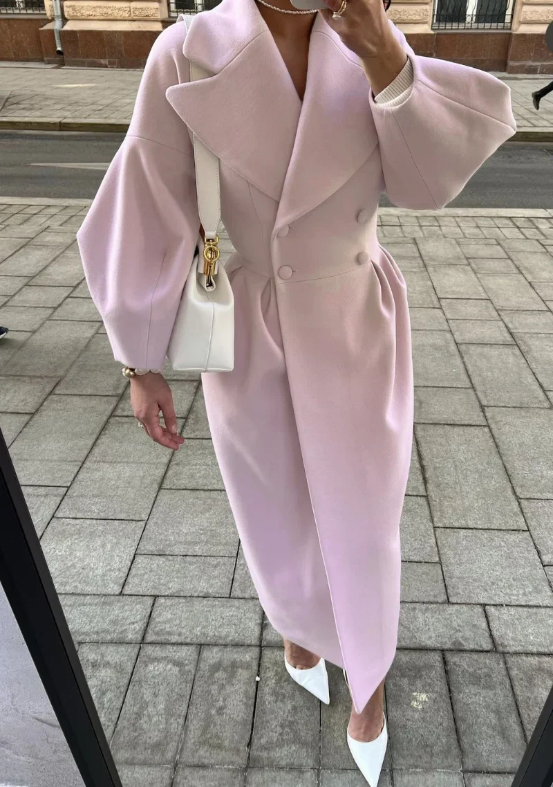 Women Woolen Coat Lapel Double-Breasted Office Lady Long Jackets Autumn Lantern Sleeve Windbreaker Thick Streetwear Female Coats