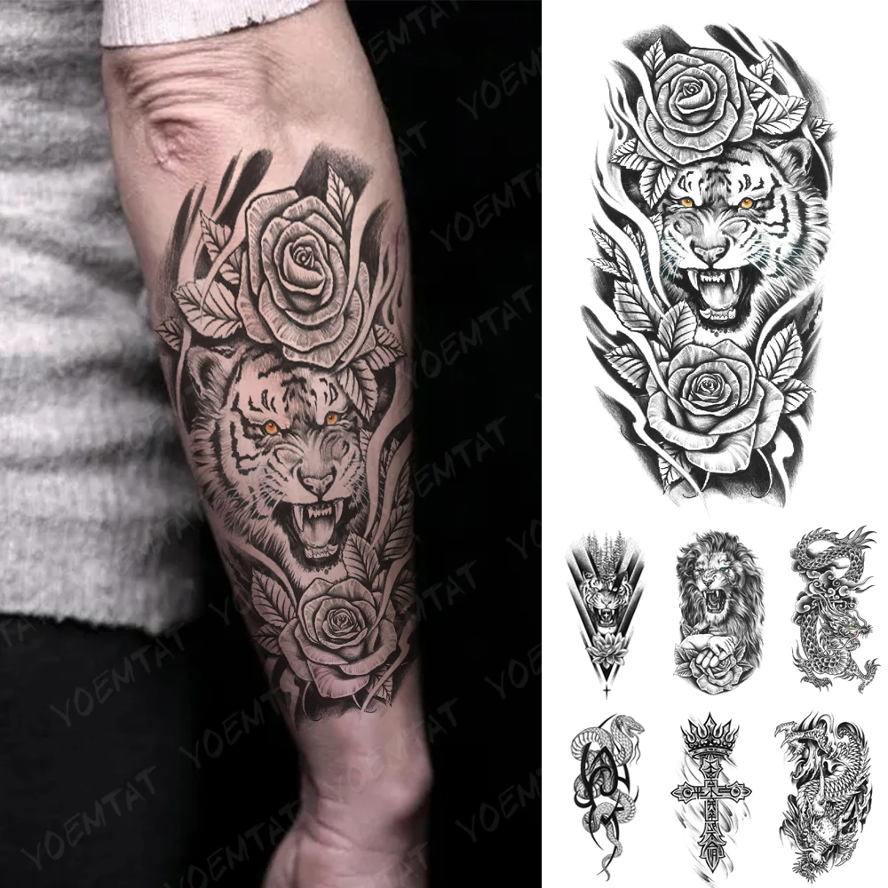 

Waterproof Temporary Tattoo Sticker Sexy Tiger Wolf Rose Animal Flash Tatoo Arm Sleeve Transfer Women Men Fake Tattoos Body Art