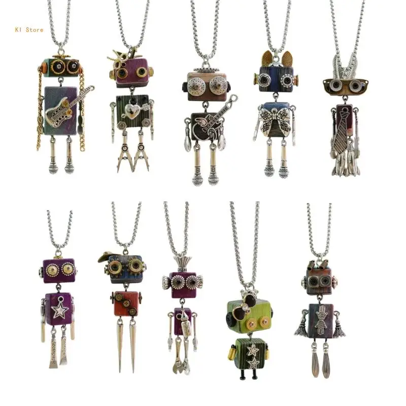 

Handmade Wooden Steams Robot Pendant Necklace Adjustable Length Clavicle Chain