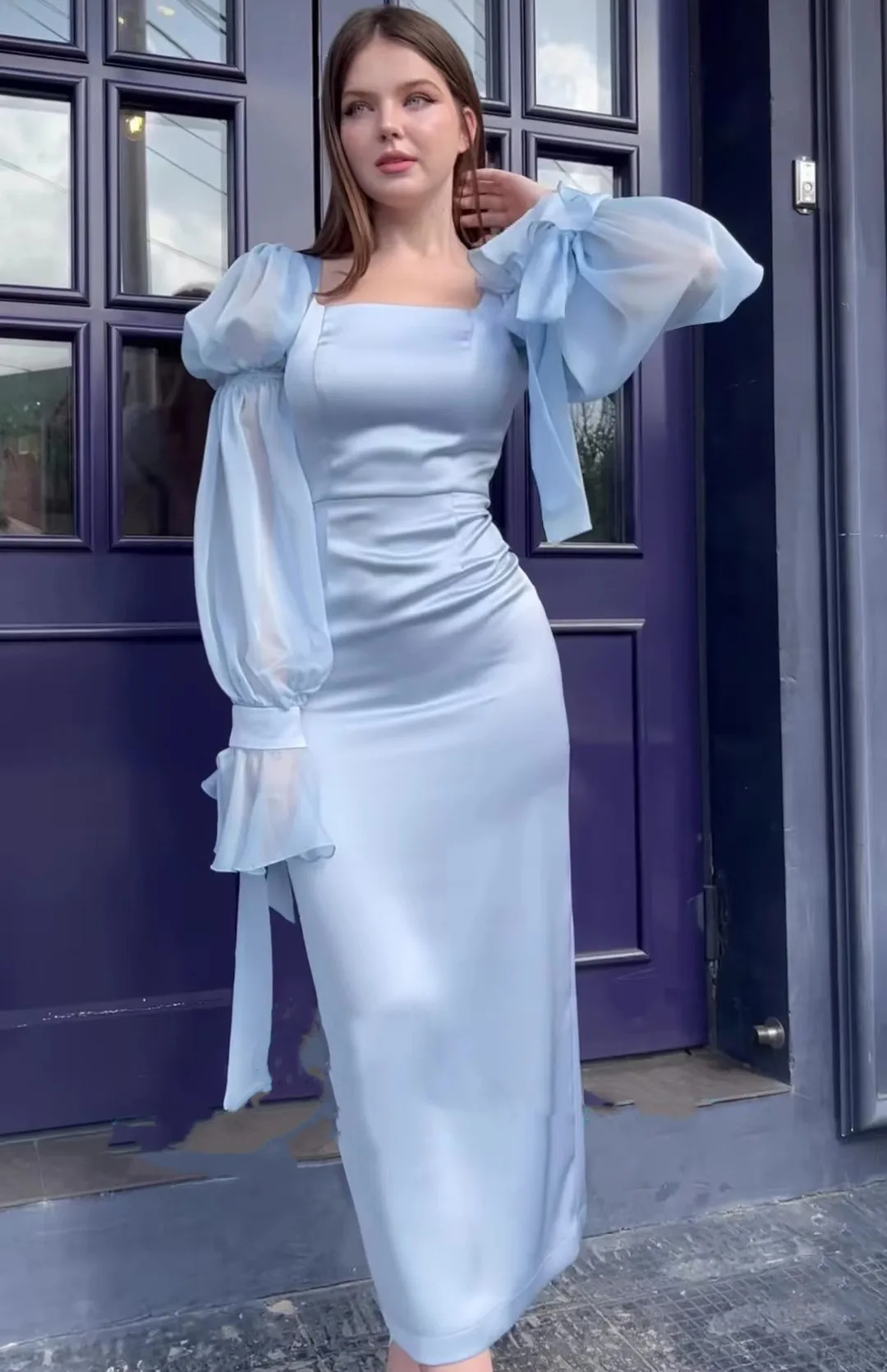 

New Style Puff Long Sleeves Prom Dresses 2023 Ribbon Square Neck Ankle-length Formal Occasion Dresses платье вечернee