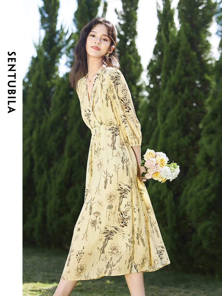 SENTUBILA Womens V-neck Floral Midi Dress 2025 Spring